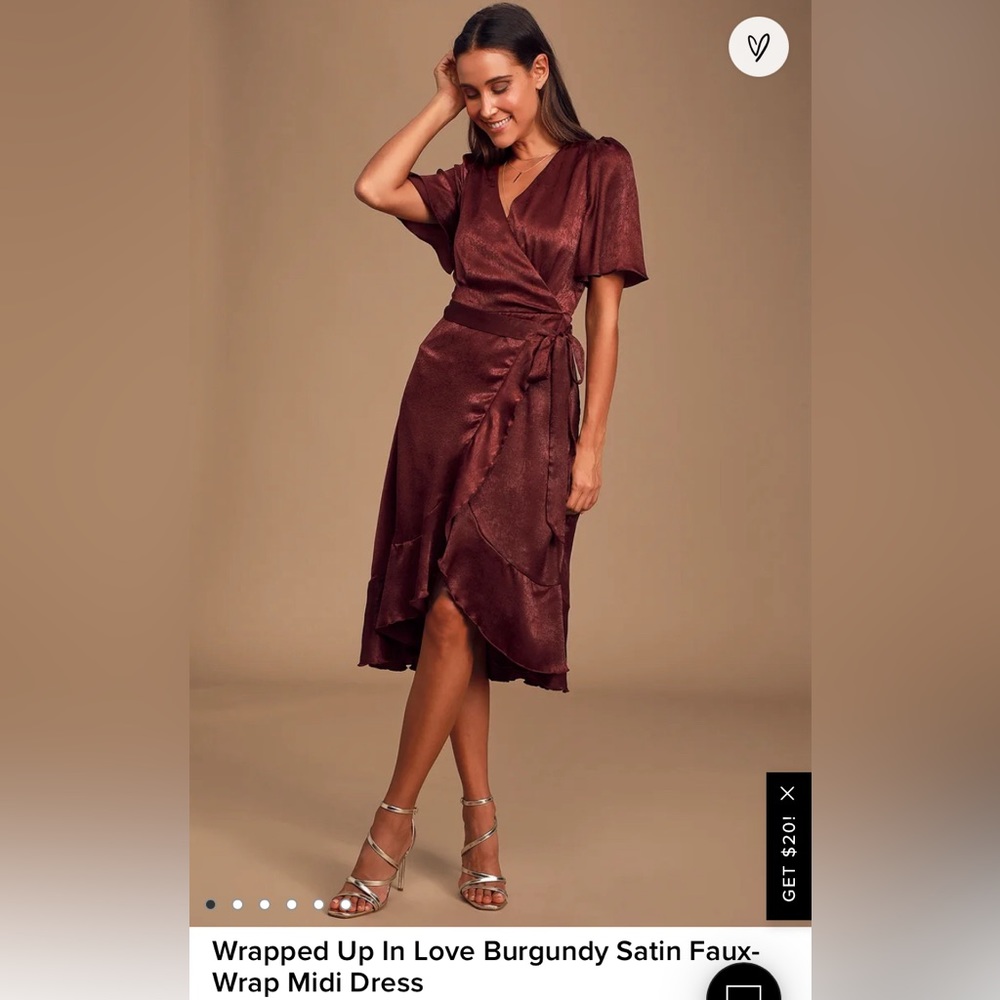 Lulu’s Wrapped Up In Love Burgundy Satin Faux-Wrap Midi Dress